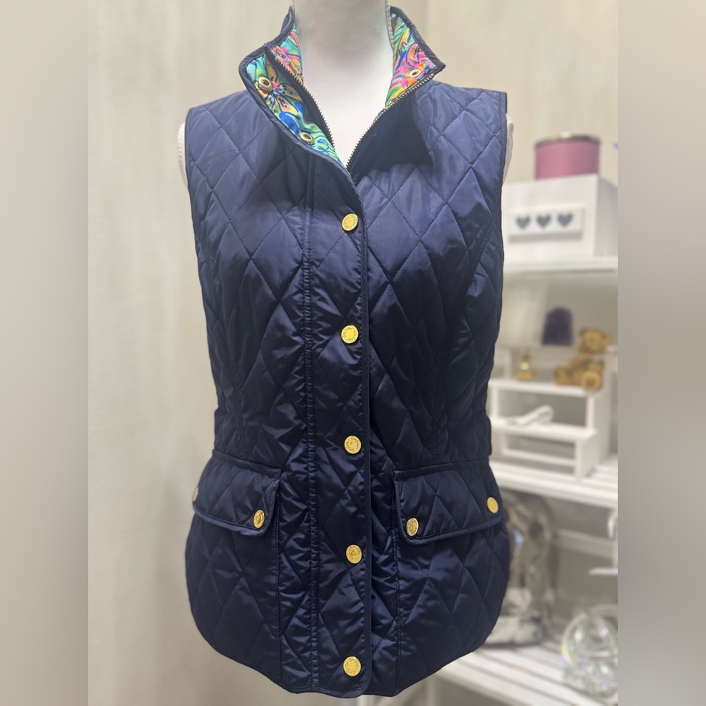 Lilly Pulitzer Navy Blue Quilted Vest with Gold Buttons & Floral Print | Small